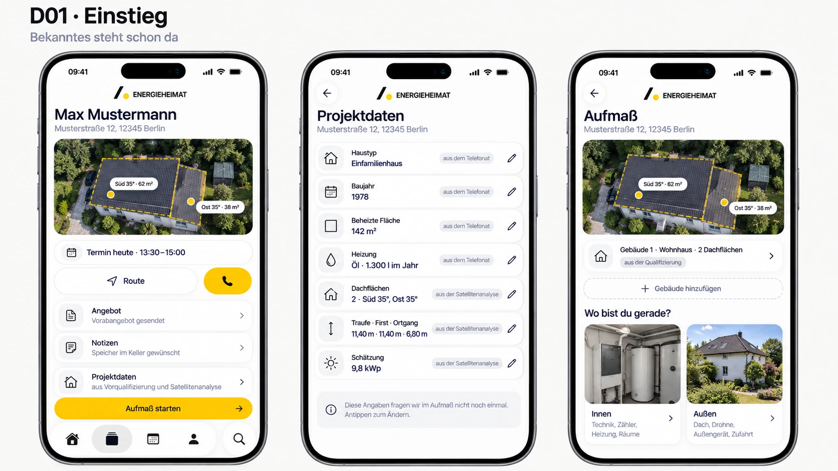 EnergieHeimat: single app screen with logo, property overview and survey entry
